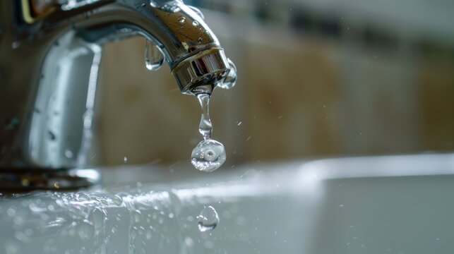 A close-up image capturing a drop of water leaking from a faucet