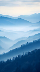 Blue Monochromatic Wonder: Spectacular Cascade of Foggy Mountains under Overcast sky