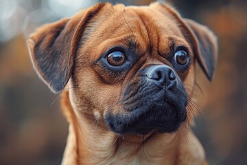 Fototapeta premium Close-up of a pug dog with a curious expression with an autumnal blurred background giving a heartwarming feel