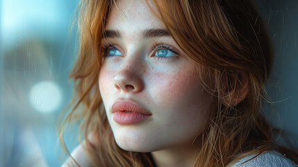 beautiful lonely teenage girl looks out the window and cries, sad woman, portrait, eyes, tears, sadness, negative emotions, facial expression, melancholy, grief, depression, person, glass, drops, pain