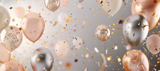 silver and gold themed balloon background with confetti and streamers Generative AI