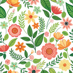 Floral seamless pattern with cute wild  flowers and leaves isolated on a white background