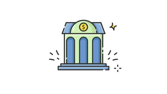 vintage building bank icon animation isolated alpha channel video, flat line icon looping