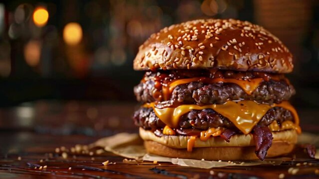 double bacon cheeseburger close up with sesame seed bun and cheese food and restaurant commercial concept Generative AI  