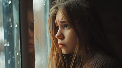 beautiful lonely teenage girl looks out the window and cries, sad woman, portrait, eyes, tears, sadness, negative emotions, facial expression, melancholy, grief, depression, person, glass, drops, pain