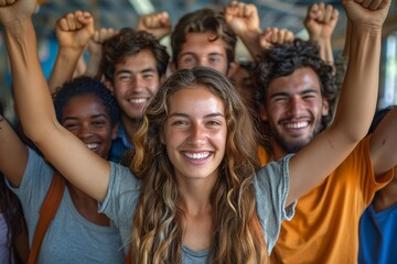 Obraz premium Vibrant multi-ethnic group of young people raising their hands together in celebration