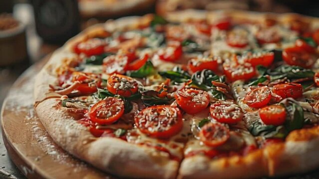 vegetarian pizza with crust, mozzarella cheese, tomatoes, mushroom, onions, basil and spinach restaurant and pizzeria commercial concept Generative AI  