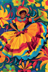 Joyful Colombian Dancer Amidst Floral Extravaganza Vector Illustration