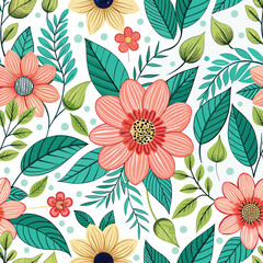 Floral seamless pattern with cute wild  flowers and leaves isolated on a white background