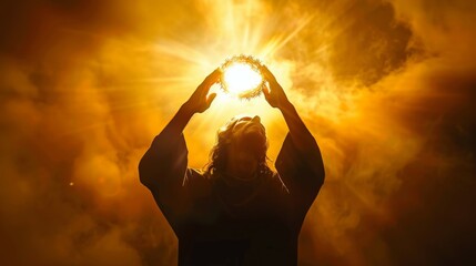 Jesus Christ silhouette receiving a crown of light in an ethereal realm. - obrazy, fototapety, plakaty
