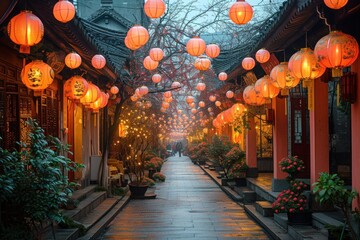Chinese flavor: decorations and lanterns on the streets of cities, filling gray days with bright...