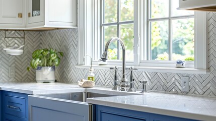 A detailed shot of a kitchen sink featuring blue and white cabinets, a herringbone tile backsplash, and a chrome faucet positioned in front of a window