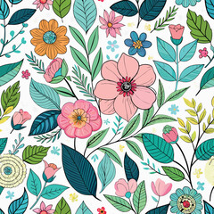 Floral seamless pattern with cute wild  flowers and leaves isolated on a white background