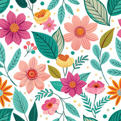 Floral seamless pattern with cute wild  flowers and leaves isolated on a white background