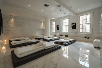 A sleek and minimalistic fitness room. Black and white interior design.