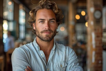 Fototapeta premium A stylish man with a beard and blue eyes looks confidently at the camera in a cozy cafe setting