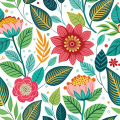 Floral seamless pattern with cute wild  flowers and leaves isolated on a white background