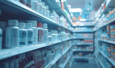 A pharmacy store abstract blurred background with medicine standing on the shelves - obrazy, fototapety, plakaty