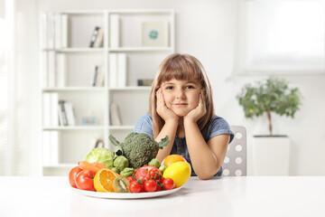 Girl sitting at home with a plate full of fruits and vegetables