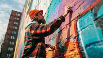 Fototapeta premium Artist in action painting a large colorful abstract mural on wall