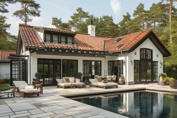 Naklejka premium Luxurious House with Swimming Pool and Patio Furniture Surrounded by Wooded Area near a Forest
