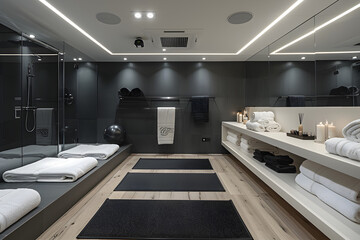 A sleek and minimalist black and white fitness room interior design.