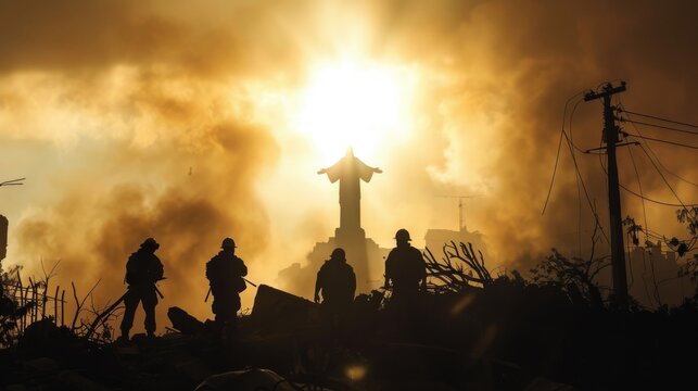 Jesus Christ silhouette watching over first responders during a natural disaster.