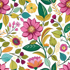 Floral seamless pattern with cute wild  flowers and leaves isolated on a white background