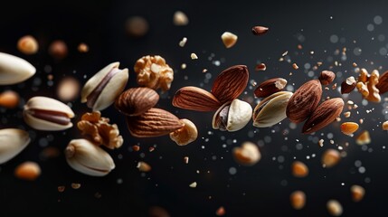 Assorted nuts caught in mid-air against a dark elegant background - obrazy, fototapety, plakaty