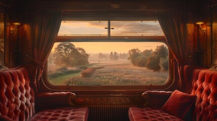 Luxurious vintage train interior with a picturesque countryside view - obrazy, fototapety, plakaty