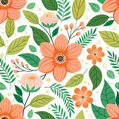Floral seamless pattern with cute wild  flowers and leaves isolated on a white background
