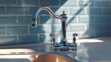 A kitchen water mixer depicted as a water tap crafted from chrome material - obrazy, fototapety, plakaty