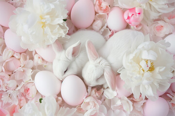 Two cute white bunnies sleep in a bed of pastel eggs with a few dark pink peonies in full bloom