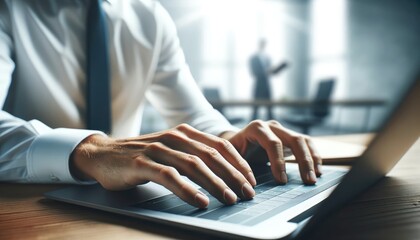 Close up of a business professional's hands typing on a laptop keyboard with colleagues in discussion in the background.