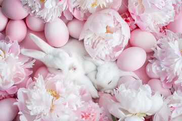 Fototapeta na wymiar Two cute white bunnies sleep in a bed of pastel eggs with a few dark pink peonies in full bloom