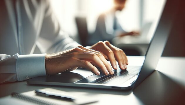 Close up of a business professional's hands typing on a laptop keyboard with colleagues in discussion in the background.