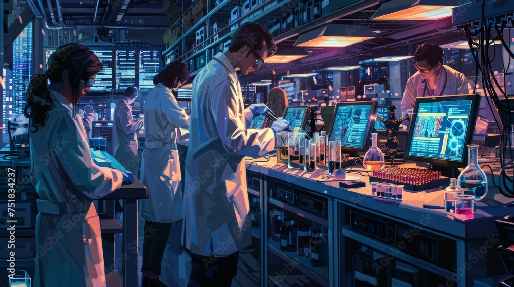 Poster scientists collaborating on advanced technology in lab
