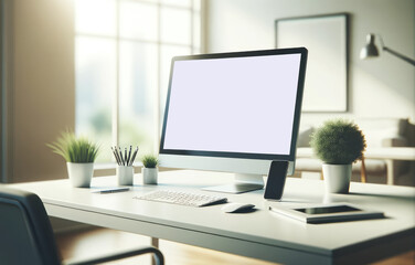 Elegant office workspace featuring a modern computer setup on a wooden desk with a stunning city skyline view through large windows.
