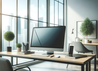 Elegant office workspace featuring a modern computer setup on a wooden desk with a stunning city skyline view through large windows.
