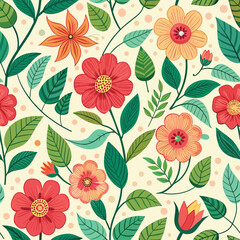 Floral seamless pattern with cute wild  flowers and leaves isolated on a white background