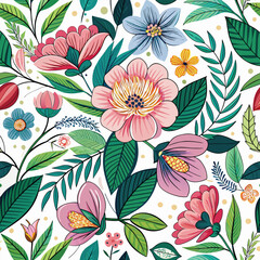 Floral seamless pattern with cute wild  flowers and leaves isolated on a white background