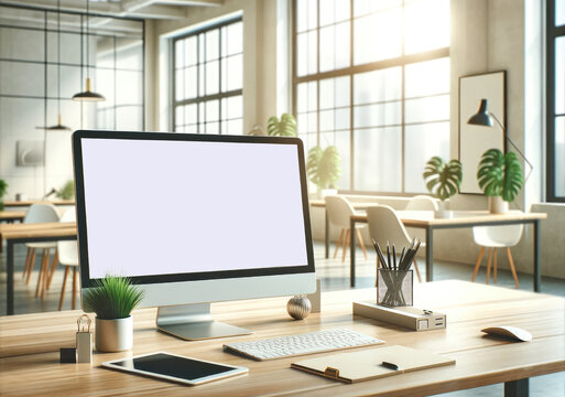 Elegant office workspace featuring a modern computer setup on a wooden desk with a stunning city skyline view through large windows.
