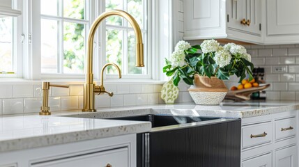 A remodeled modern farmhouse kitchen features a stunning sink adorned with a gold faucet, complemented by a black farmhouse sink, white granite countertops, and a tiled backsplash