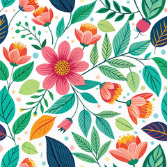 Floral seamless pattern with cute wild  flowers and leaves isolated on a white background