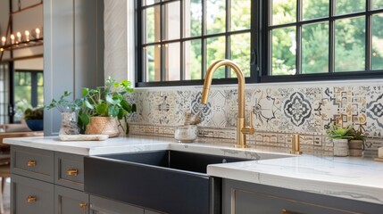 A remodeled modern farmhouse kitchen features a stunning sink adorned with a gold faucet, complemented by a black farmhouse sink, white granite countertops, and a tiled backsplash - obrazy, fototapety, plakaty