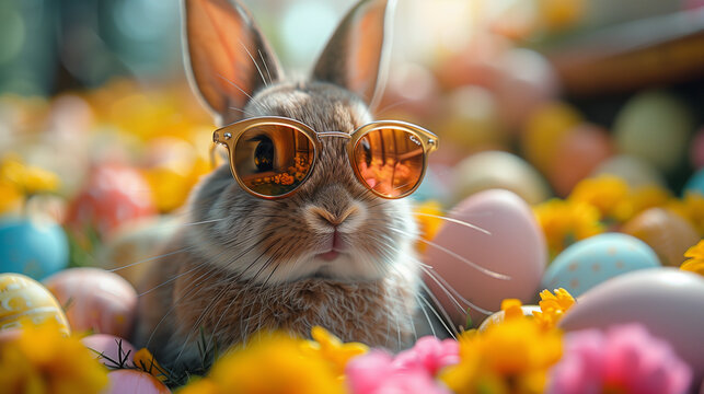 High-end commercial photo of a Comical rabbit wearing sunglasses and carrying Easter eggs