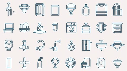 A set of line icons representing plumbing services and stores. Includes icons such as leaking washing machines, water heaters, toolboxes, and more. Icons feature editable strokes