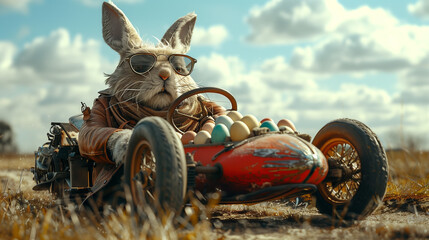 
High-end commercial photography of a stylish Easter bunny, dressed in a leather jacket, driving a motorcycle with a sidecar