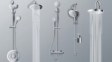 A vector realistic set of a metal shower head and tap, with falling water, isolated on a transparent background. This set includes chrome sprinklers with hoses and faucets with water sprays
