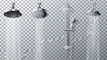A vector realistic set of a metal shower head and tap, with falling water, isolated on a transparent background. This set includes chrome sprinklers with hoses and faucets with water sprays - obrazy, fototapety, plakaty